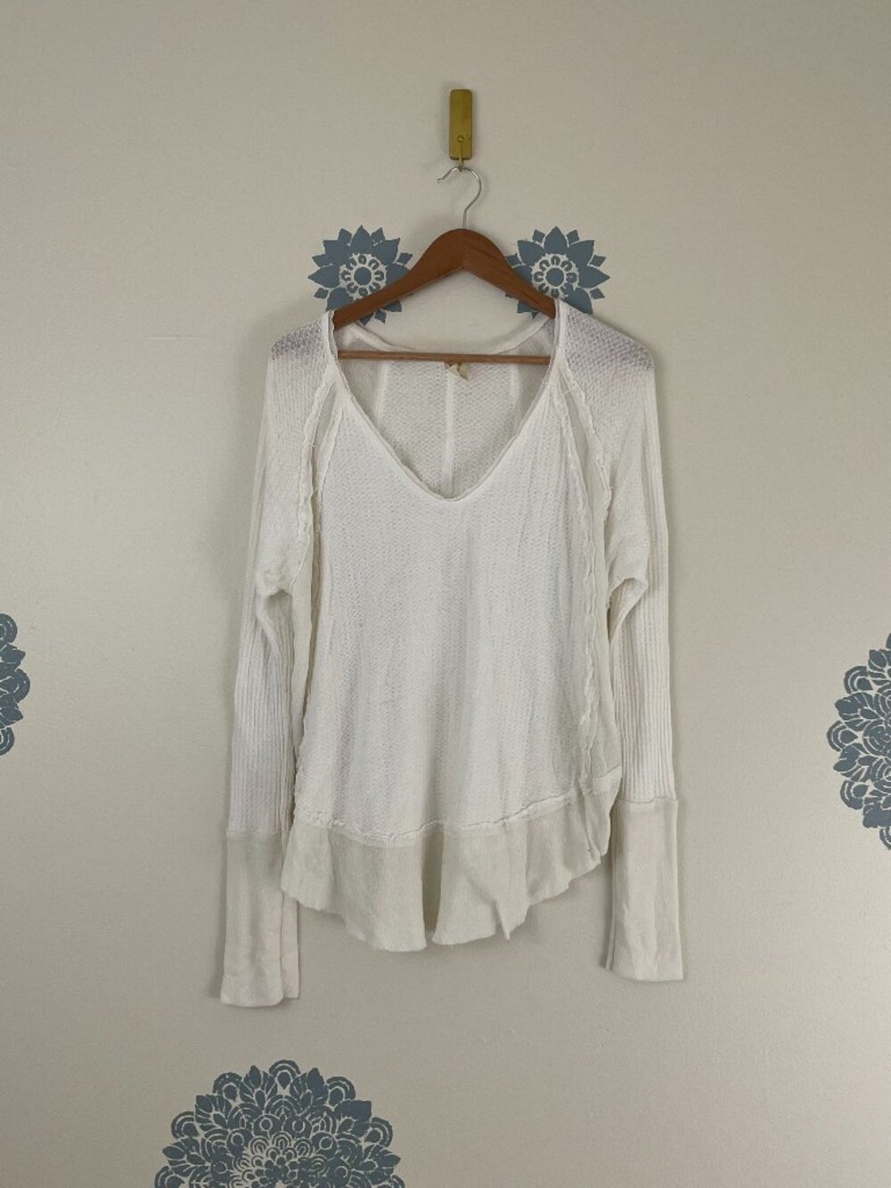 Free People We The Free Catalina Long Sleeve Thermal Top in White Size Medium